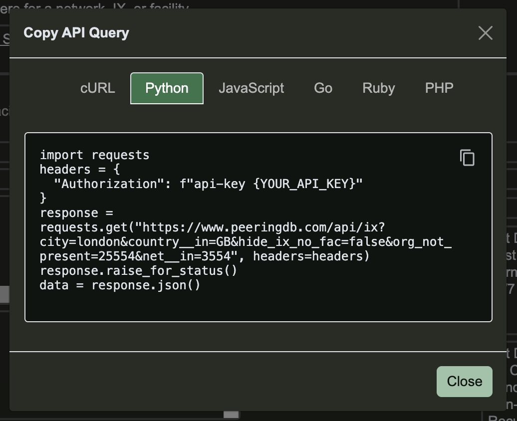 Copy Advanced API box in PeeringDB