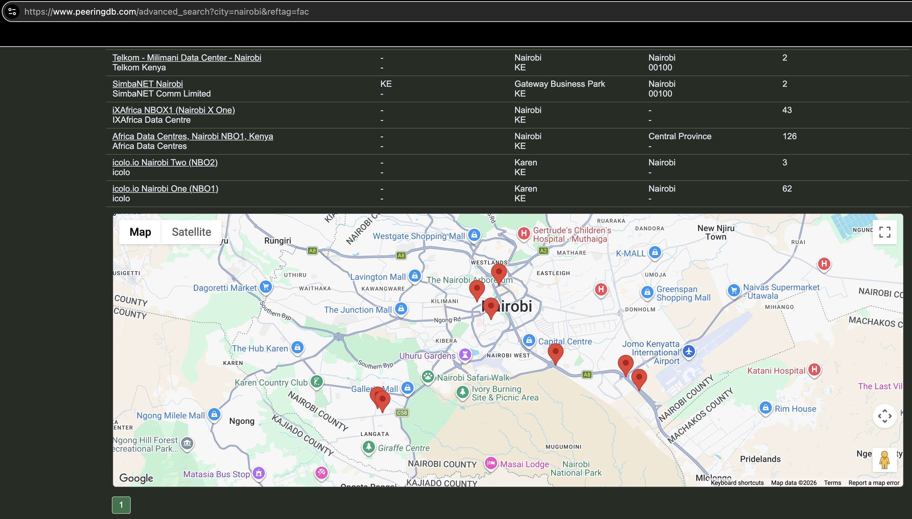 In-page map showing interconnection facilities around Nairobi